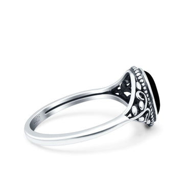 Vintage Style Oval Petite Dainty Ring Solid Oxidized Simulated Black Onyx 925 Sterling Silver